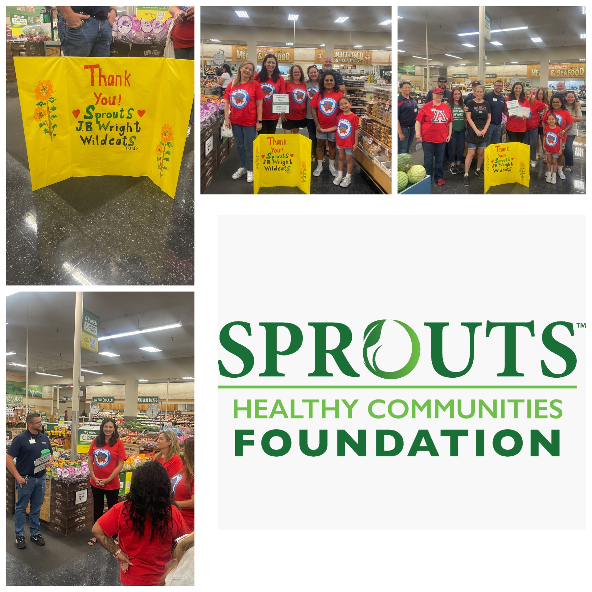 Sprouts Healthy Communities Foundation logo surrounded by photos of students and staff at Sprouts store accepting the grant